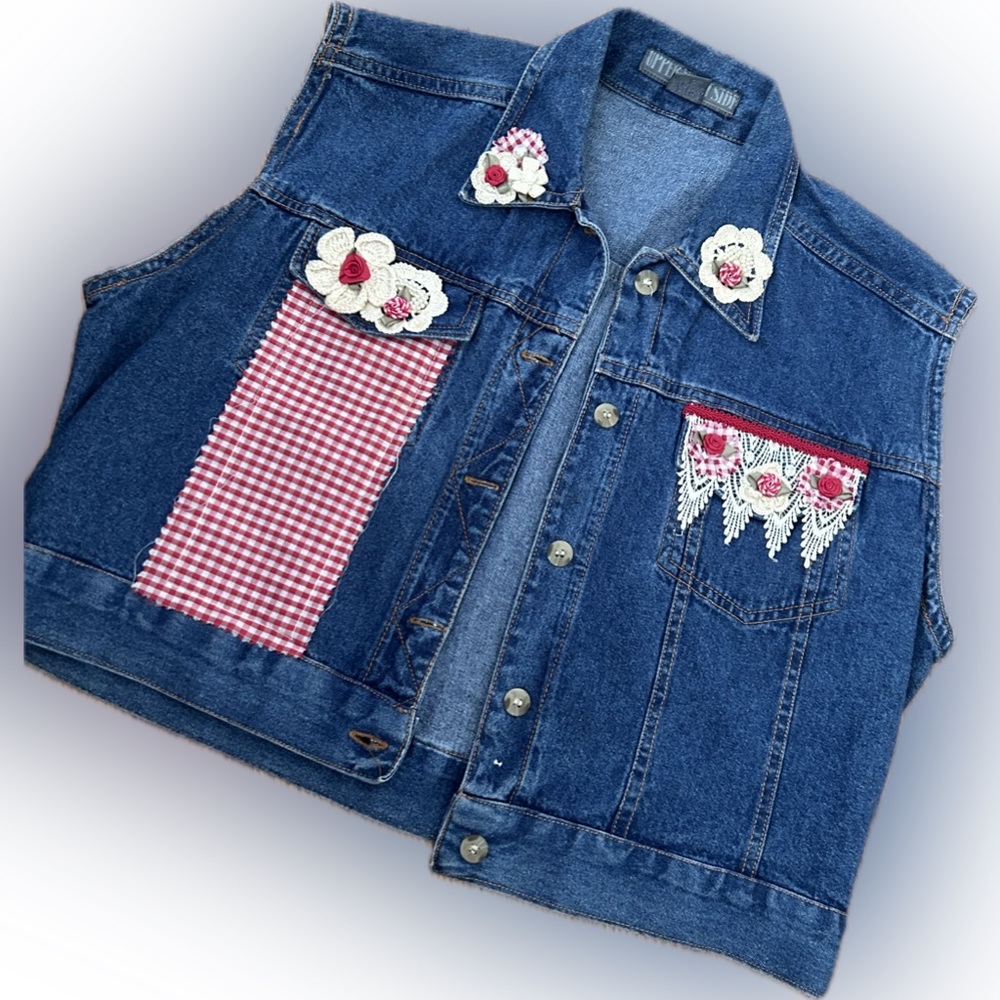 vintage cropped denim sleeveless vest jacket embellished medium upper west side